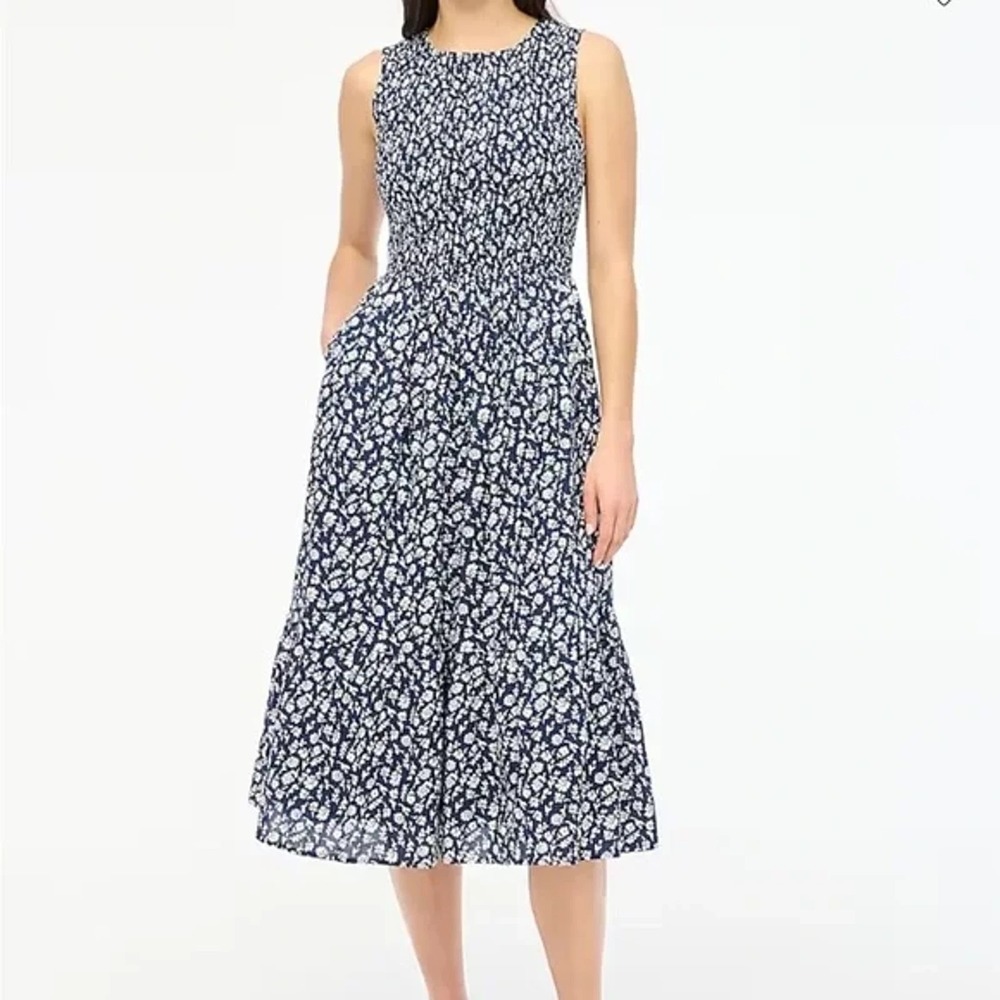 J. Crew Floral Sleeveless Smocked Bodice Midi Antique Navy Dress- Women's XS